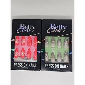 Set of 2-Betty Cora Press on Christmas Snowflake Red Neutral Gray Nails
